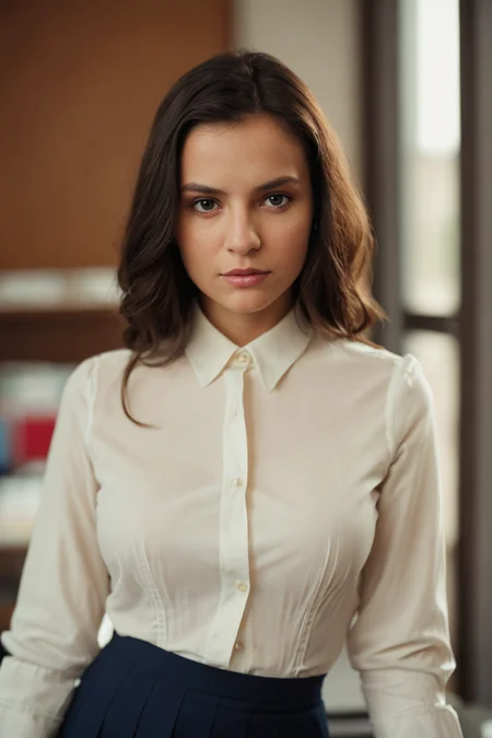 Film still, cinematic, close up portrait of a cute woman, at the office wearing blouse and skirt, tall socks, shot on film, sharp focus, shot on canon, backlit, rim light, detailed skin texture, detailed eyes, polaroid
