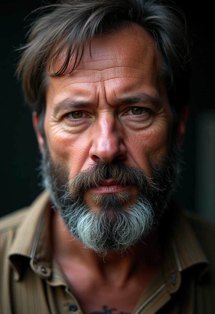 Unfazedfantasii, vantablack, OBxiaoxiang
photorealistic masterwork digital painting, hyper-realistic, 
A close-up portrait of a rugged, intense-looking middle-aged man with a thick, well-groomed salt-and-pepper beard and deep-set, piercing brown eyes. His face is lined with subtle wrinkles, giving him a stern, contemplative, and slightly brooding expression. His thick, slightly unkempt dark hair frames his face, complementing his strong, chiseled features. His gaze is direct and commanding, evoking a sense of wisdom and experience. He is wearing a striped, earth-toned shirt, adding a subtle texture to the image. The background is blurred and dark, with soft, natural lighting casting shadows that emphasize the depth and realism of his face. The overall style is ultra-detailed, photorealistic, and dramatic, resembling cinematic portrait photography.
 The art style is highly detailed, cinematic, and fantasy-inspired, with a focus on dramatic lighting, soft glows, and a slightly dark, mystical mood.