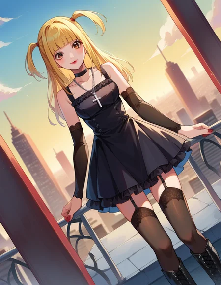score_9, score_8_up, score_7_up, source_anime,
misaamane, <lora:misa-amane-ponyxl-lora-nochekaiser:1>
misa amane, long hair, bangs, brown eyes, yellow hair, blunt bangs, two side up, red lips, lipstick, smile,
thighhighs, dress, jewelry, collarbone, boots, detached sleeves, choker, black thighhighs, necklace, black footwear, black dress, sleeveless dress, garter straps, black choker, short dress, floral print, cross, red nails, cross necklace,
outdoors, cityscape,
looking at viewer, dutch angle, cowboy shot