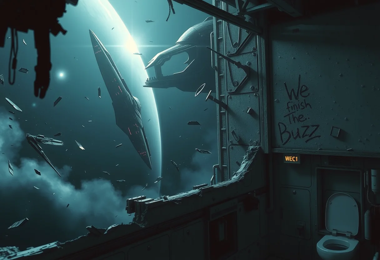 A haunting scene of a massive space station floating in the void of deep space, shattered and eerily illuminated by the light of a distant star. The structure shows severe damage: torn metal beams, jagged edges, and drifting debris. Parts of the station are engulfed in a faint, glowing haze from damaged systems venting gases into the vacuum. In the background, a vast alien ship looms, its menacing design dark and organic, with pulsating red and black energy veins running across its hull.

Inside the station, a dimly lit corridor reveals the aftermath of the alien attack. The walls are scorched, with wires sparking and panels hanging loose. Amid the destruction, a chilling message is scrawled in bold neon paint on one (of the toilet wall near the WC where is sited an astronaut:1.25) : "We finish the buzz...." The letters are uneven, as though written in haste or anger, with streaks dripping down, adding to the foreboding atmosphere.
 