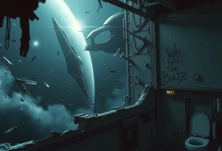 A haunting scene of a massive space station floating in the void of deep space, shattered and eerily illuminated by the light of a distant star. The structure shows severe damage: torn metal beams, jagged edges, and drifting debris. Parts of the station are engulfed in a faint, glowing haze from damaged systems venting gases into the vacuum. In the background, a vast alien ship looms, its menacing design dark and organic, with pulsating red and black energy veins running across its hull.

Inside the station, a dimly lit corridor reveals the aftermath of the alien attack. The walls are scorched, with wires sparking and panels hanging loose. Amid the destruction, a chilling message is scrawled in bold neon paint on one (of the toilet wall near the WC where is sited an astronaut:1.25) : "We finish the buzz...." The letters are uneven, as though written in haste or anger, with streaks dripping down, adding to the foreboding atmosphere.
 
