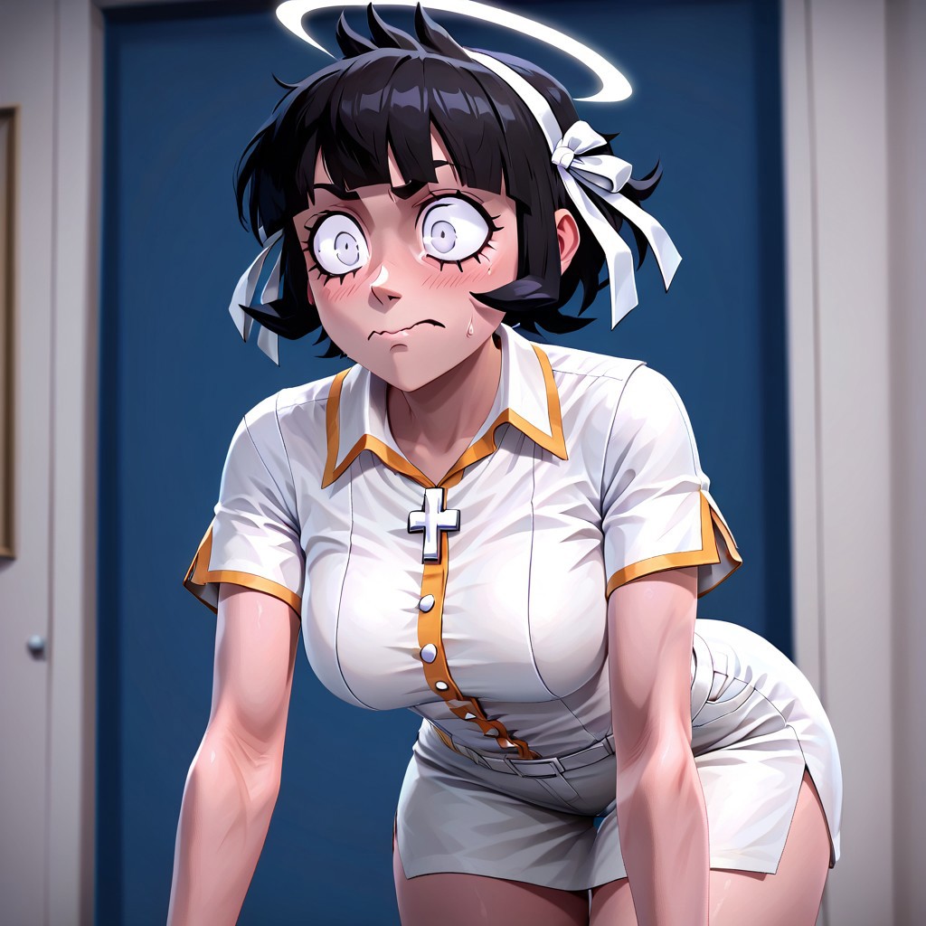 masterpiece, best quality, newest, absurdres, highres,  P3DV1.0, 1girl, azazel (helltaker), short hair, black hair, halo, white shirt,