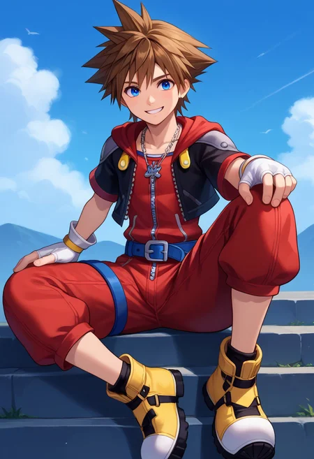 score_9, score_7_up, source_anime
sora, 1boy, male focus, solo, blue eyes, brown hair, spiked hair, default costume, short jumpsuit, red jumpsuit, jacket, cropped jacket, black jacket, hood, short sleeves, open jacket, open clotes, zipper, zipper pull tab, gloves, white gloves, fingerless gloves, belt, blue belt, shoes, yellow footwear, jewelry, necklace, sitting, smile,
outdoor, sky,