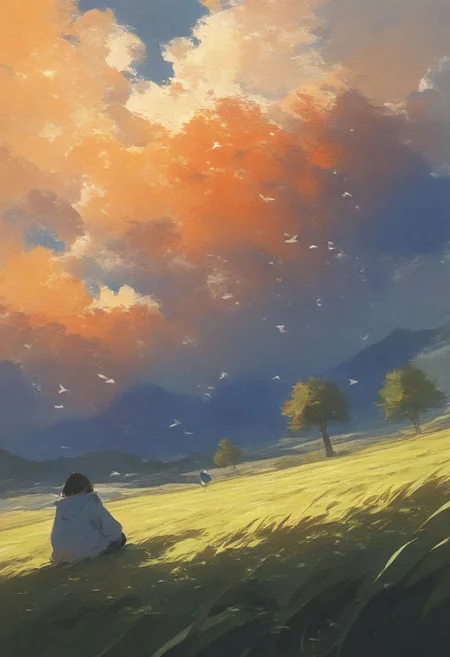 Scandinavian Style Palette, ( impressionism:1.7 ), realistic body,
1girl, sitting in grass, tall grass, a hut, from below, birds, gradient orange cloud,