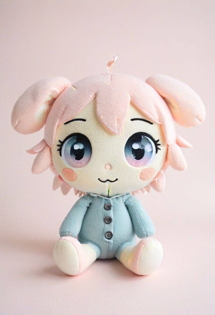 (Living plushie waifu), (anthropomorphic:1.2), fabric textures, (plush:1.4), soft pastel colors, shy smile, big expressive eyes, ((fluffy:1.3)), rounded features, stitched seams, button eyes