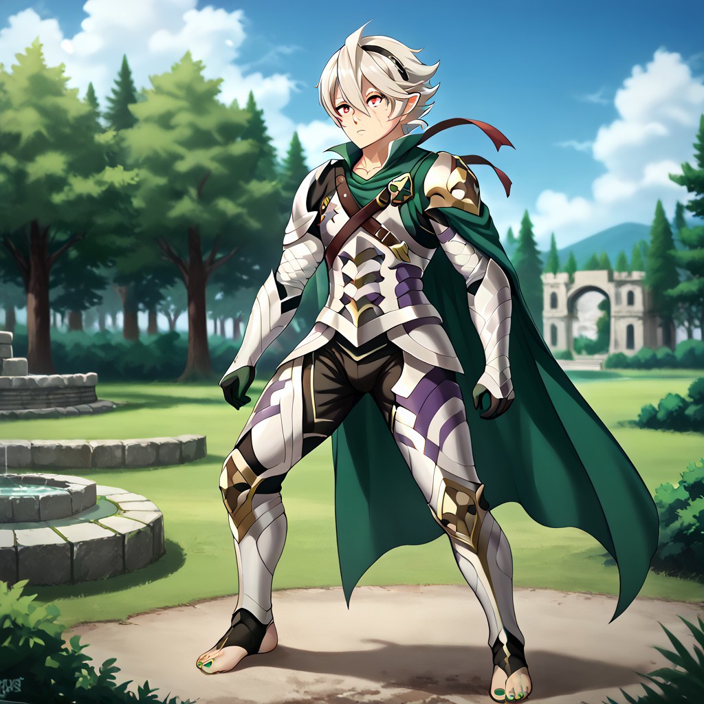 masterpiece, best quality, sharp aliasing, highly detailed, 1male, male body, male,EPfeCorrin, dark green cape, armour, dark green gloves, black pants, wearing pants, outdoors, evening, stone ground, tree, bush, buildings, windy, barefoot, toeless legwear, armoured legwear, armoured arms, shin armour, leg armour, leg and shin armour, shin guards, stirrup legwear, dark green stirrups, 5 toes, Quality, High Definition, Full body view, solo, slimes_sanemi, scar, scars, scar on face, scar on chest, scar on forehead, white hair, muscular, red eyes, slit eyes, pointy ears, standing, green sword, sword stance, green toenails, dirty feet