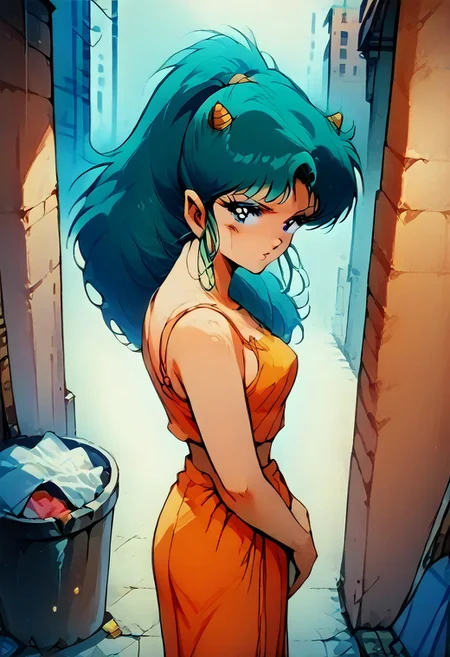 score_9, score_8_up, score_7_up, 1980's style, retro, source anime, flat color, (ultra-detailed), (masterpiece), (best quality), top quality, official art, 8k wallpaper, very detailed, (an extremely delicate and beautiful), (intense colors), (dramatic lighting), ((anime:1.4, illustration)), (absolutely resolution), ((16k, high res)), bbka_style, 3m0t3, BREAK, 1girl, lum, anime screencap, dynamic angle, Beautiful, cute girl, yellow (tiny horns), (tiny pointy ears:0.7), green hair, blue eyes, aqua hair, eyeshadow, intricately detailed illustration, source_Cartoon, cell shading, detailed face, cute woman, medium large breasts, round breasts, standing, hand on ass cheeks, midriff, dancer outfit, alley, morning, brick wall, waste, trash bin