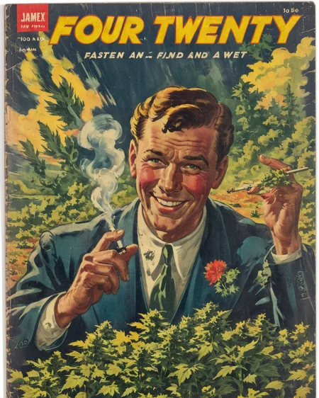 <lora:Wiz-VintageComicBookCover_v01:1> Vintage comic book cover of Four twenty, a high and smiling man smoking in a field of Weed,