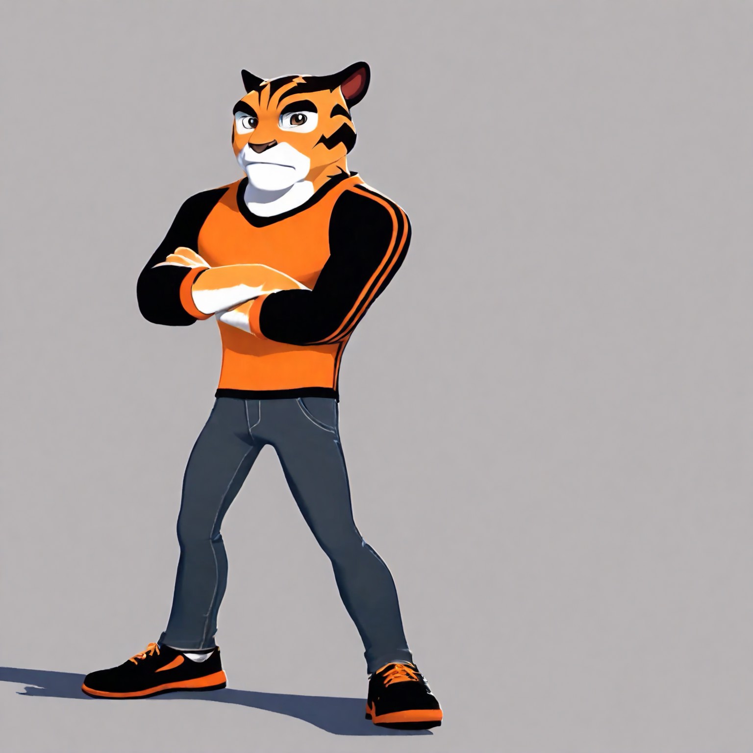 Tag, tiger boy, furry male, tiger ears, brown eyes, multicolored fur, white patches around eyes, white area on lower face that extends down neck, white palms, orange fur, brown stripes, thick eyebrows, blunt brown nose, tall, muscular, grey jeans, orange shirt, black sleeves, orange stripes that run down from shoulders, orange cuffs, black shoes with orange soles, arms crossed, masterpiece, best quality, amazing quality, male, looking at viewer, broad shoulders,