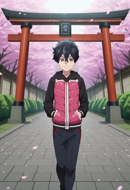 masterpiece, best quality, , anime screencap, anime coloring, official style, , 1boy, solo, male focus, <lora:kabane_kusaka_ilxl:0.94>, kabane_kusaka, black hair, red eyes, short hair, hair between eyes, kusaka kabane, hoodie, cherry blossom tunnel, falling petals, stone path, torii gate, walking pose, peaceful smile, dawn, Zigzag Dress pants, Quilted jacket, , ,