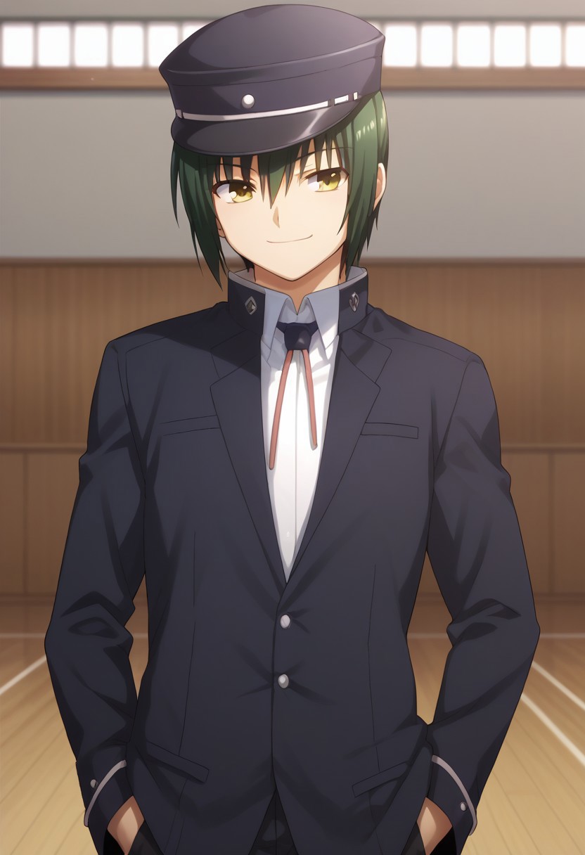 score_9, score_8_up, score_7_up, source_anime, highly detailed, 
ayato, 1boy, male focus, hat, green hair, solo, school uniform, yellow eyes, hand in pocket, gakuran, smile,
indoor, school,