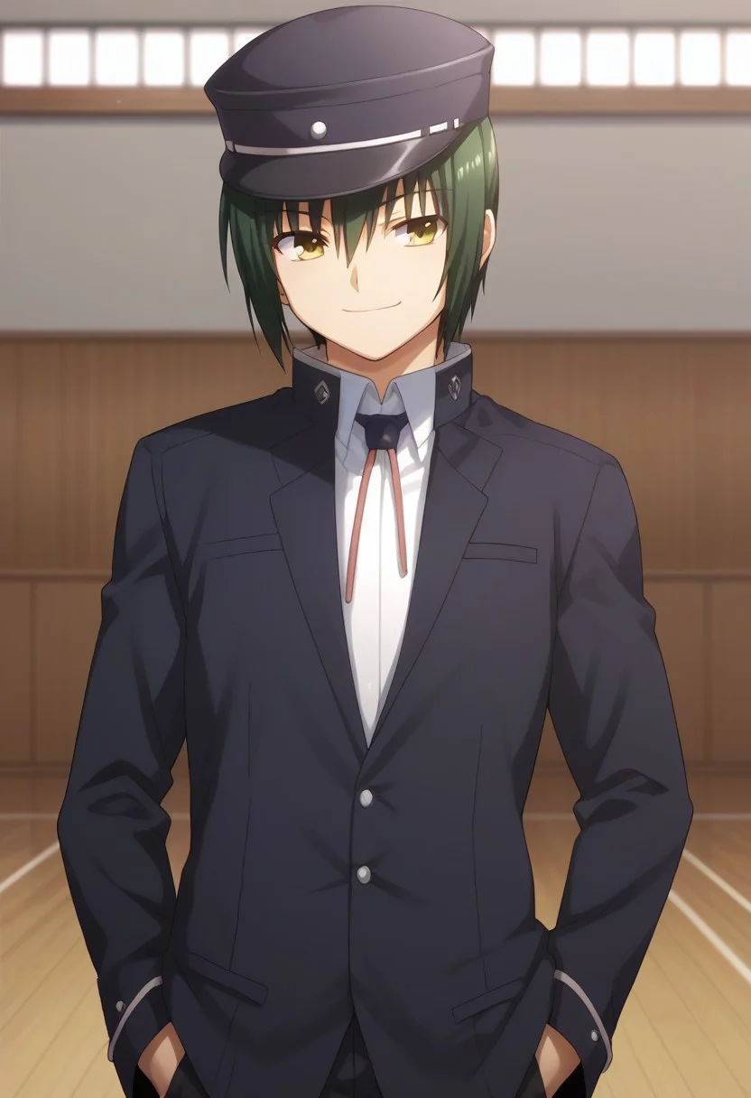 score_9, score_8_up, score_7_up, source_anime, highly detailed,
ayato, 1boy, male focus, hat, green hair, solo, school uniform, yellow eyes, hand in pocket, gakuran, smile,
indoor, school,