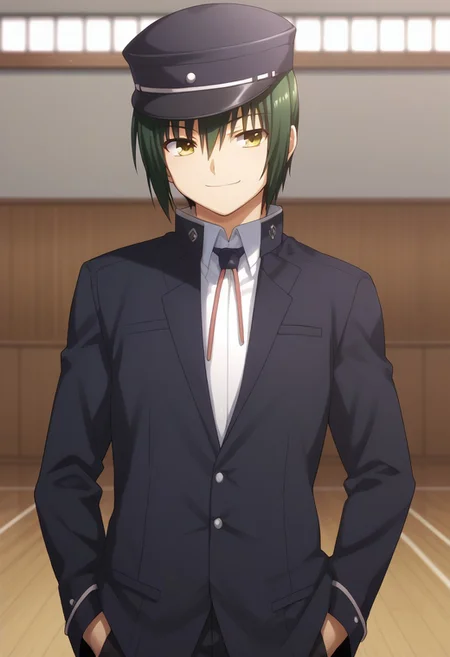 score_9, score_8_up, score_7_up, source_anime, highly detailed,
ayato, 1boy, male focus, hat, green hair, solo, school uniform, yellow eyes, hand in pocket, gakuran, smile,
indoor, school,