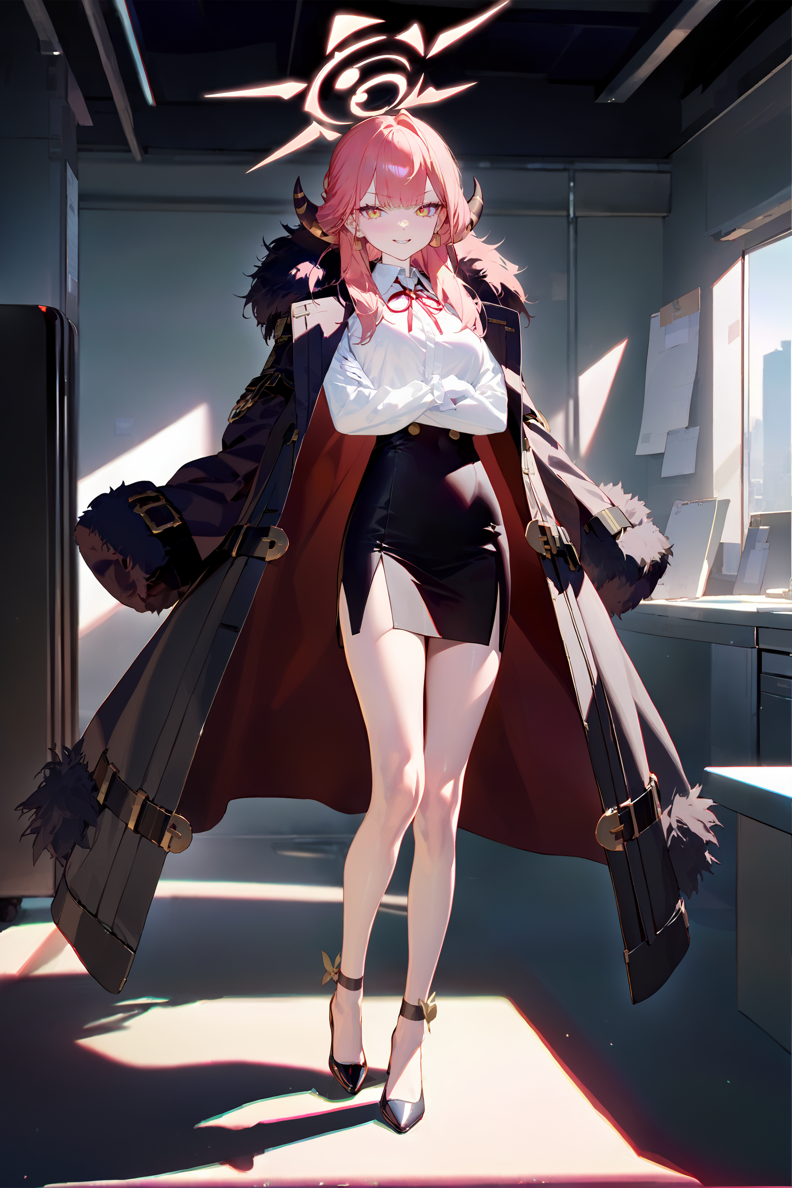 masterpiece, best quality, very aesthetic, ray tracing, newest,(hitenkei, askzy:0.5), 1girl, aru \(blue archive\), solo, halo, horns, high-waist skirt, white gloves, white shirt, fur-trimmed coat, high heels, neck ribbon, anklet, crossed arms, looking at viewer, evil grin, standing, full body, office, indoors, blurry background  <lora:quality1:0:hr=2>,  <lora:Char-BlueArchive-Aru-XL-V1:0.9>