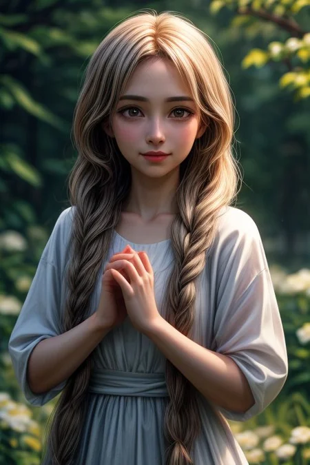 Girl, long hair gathered in a braid, flowers woven into her hair, light spring dress (bright color), slight smile on her face, flowers in her hands, portrait, ultra-detailed, realism, 32k