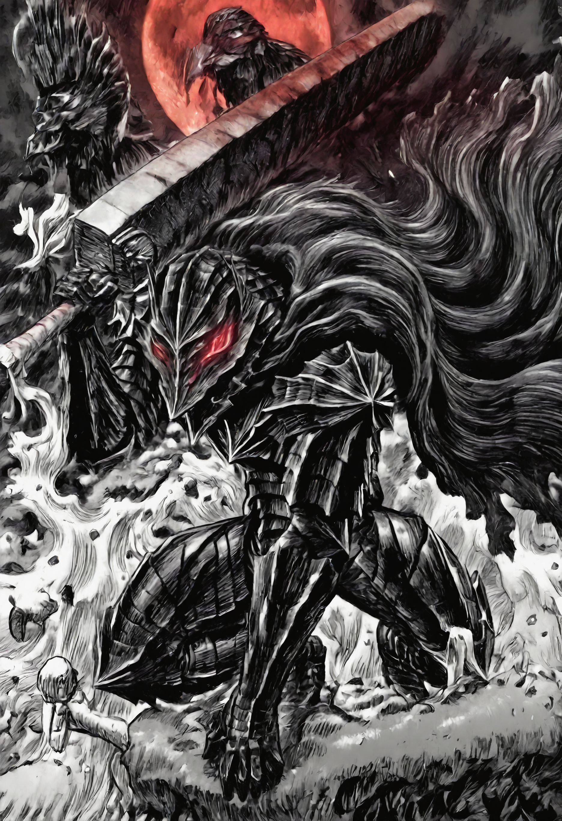 kentaro_miura_style, monochrome, greyscale, XUER guangying,,guts \(berserk\), berserk armor, 1boy, solo, wielding-dragonslayer, cape, helmet, red eyes, holding sword, wave, huge weapon, holding weapon, red blood, red moon, eye trail, speed lines, motion lines, foreshortening, from_below, battlesuit, worry, hawk,masterpiece, best quality, newest, absurdres, highres, very awa, detail pupil, detail background <lora:None:1.0> <lora:ä¸æµ¦å¥å¤ªé-Kentaro_Miura_(Berserk)_style_illustriousXL:0.9500000000000002> <lora:DNFé£æ ¼-Dungeon_&_Fighter_style_(DNF_style&DFO_style)_Style-Noob:0.5000000000000001> <lora:åæ¶æå¾åå½±è´¨æå¢å¼ºV3-Xu_Er_thick_paint_composition_light_texture_enhancement:0.20000000000000004> <lora:æ ¼æ¯-Guts-Berserker_Armor:0.8000000000000002> <lora:Dragonslayer_Sword_-_Berserk-Illustrious:0.5000000000000001>