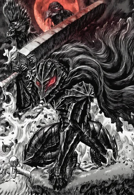 kentaro_miura_style, monochrome, greyscale, XUER guangying,,guts \(berserk\), berserk armor, 1boy, solo, wielding-dragonslayer, cape, helmet, red eyes, holding sword, wave, huge weapon, holding weapon, red blood, red moon, eye trail, speed lines, motion lines, foreshortening, from_below, battlesuit, worry, hawk,masterpiece, best quality, newest, absurdres, highres, very awa, detail pupil, detail background <lora:None:1.0> <lora:䏿µ¦å¥å¤ªé-Kentaro_Miura_(Berserk)_style_illustriousXL:0.9500000000000002> <lora:DNF飿 ¼-Dungeon_&_Fighter_style_(DNF_style&DFO_style)_Style-Noob:0.5000000000000001> <lora:åæ¶æå¾å
影质æå¢å¼ºV3-Xu_Er_thick_paint_composition_light_texture_enhancement:0.20000000000000004> <lora:æ ¼æ¯-Guts-Berserker_Armor:0.8000000000000002> <lora:Dragonslayer_Sword_-_Berserk-Illustrious:0.5000000000000001>