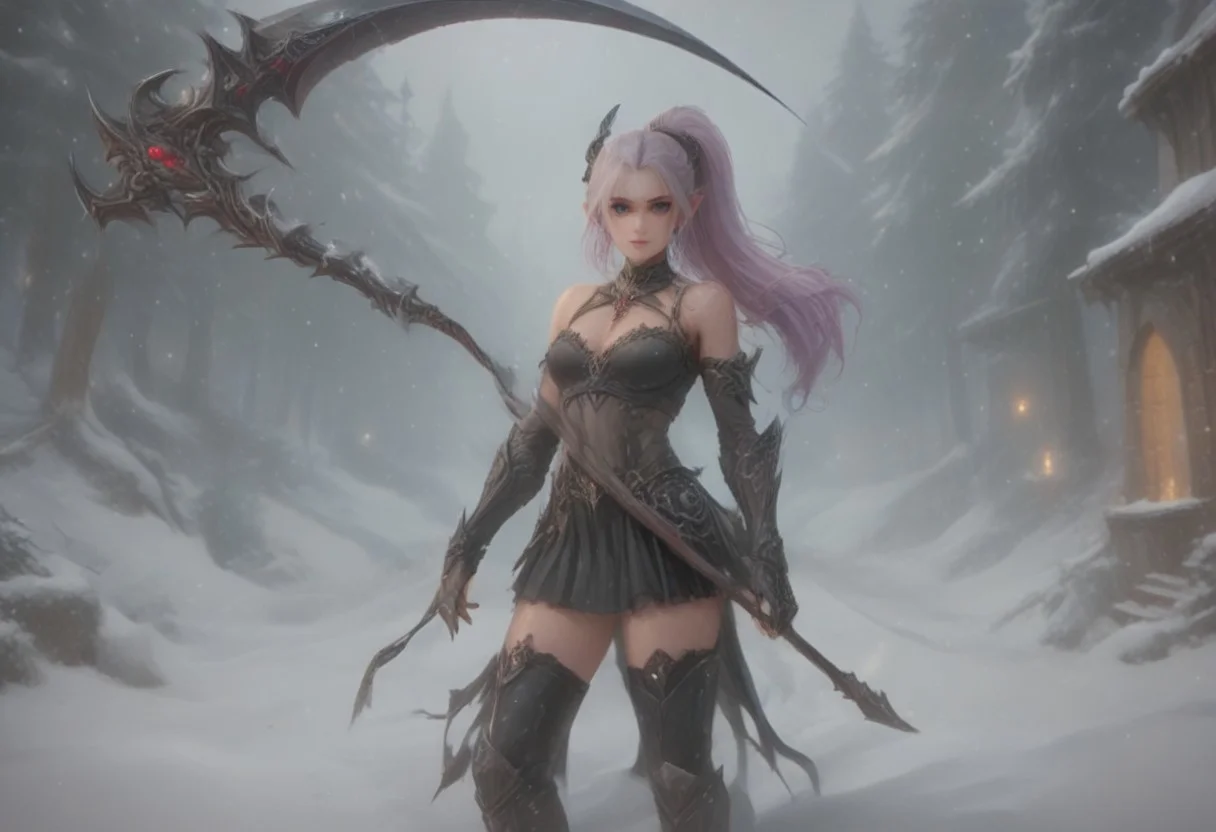 score_9, score_8_up, score_7_up, score_6_up, dynamic, (anime, masterpiece), best quality, (8k), detailed background, sharp focus, intricate, ambient lighting, super high quality, hyper detailed background, cinematic lighting, adult, dungeons and dragons character art style, a norse girl early 20s, straight long lilac hair tied back into a ponytail, heart choker, black hairband, dark blue eyes, pale skin, human, wearing black crop top and black leather skirt, thighhigh high heeled boots, holding a scythe in her hands attacking a monster, full body portrait, zoomed out, medium breasts, walking through a snowy mountain village