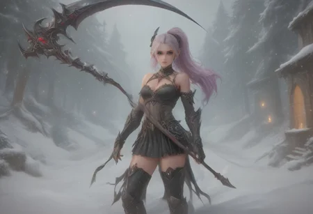 score_9, score_8_up, score_7_up, score_6_up, dynamic, (anime, masterpiece), best quality, (8k), detailed background, sharp focus, intricate, ambient lighting, super high quality, hyper detailed background, cinematic lighting, adult, dungeons and dragons character art style, a norse girl early 20s, straight long lilac hair tied back into a ponytail, heart choker, black hairband, dark blue eyes, pale skin, human, wearing black crop top and black leather skirt, thighhigh high heeled boots, holding a scythe in her hands attacking a monster, full body portrait, zoomed out, medium breasts, walking through a snowy mountain village