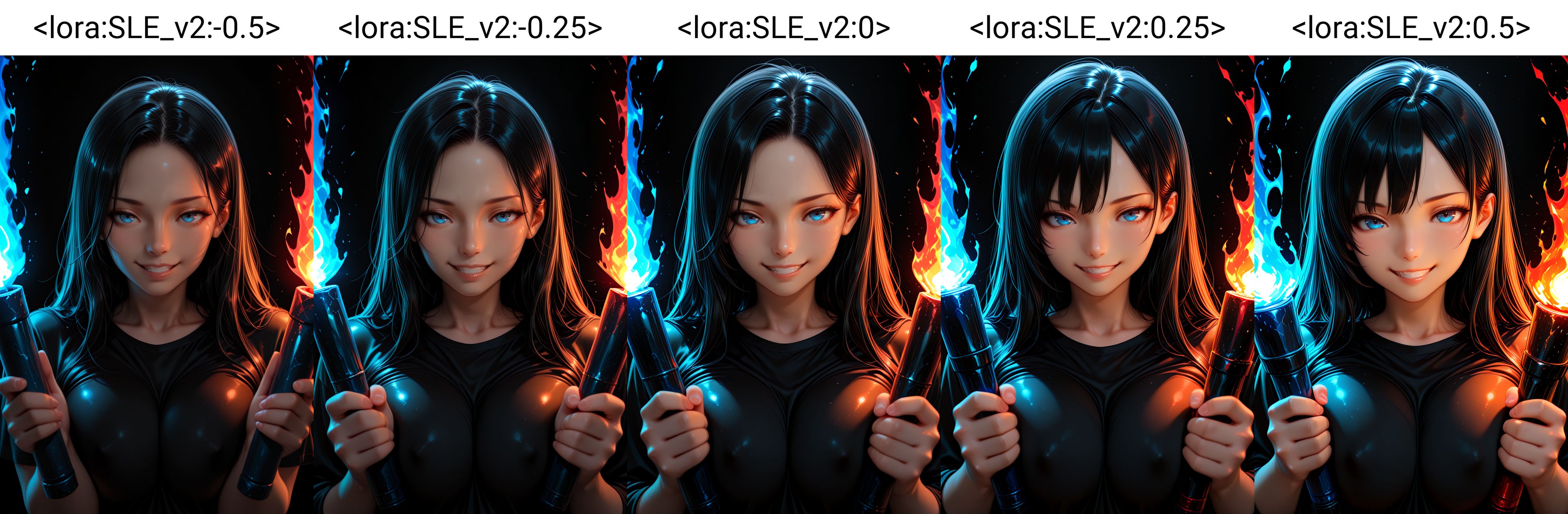 Smooth_Quality, symmetrical pose, symmetry, symmetrical lighting, 1girl, black hair, blue eyes, long hair, black shirt, close-up, upper body, torch, holding torch, (dual wielding), (blue torch light), (red torch light), breasts squeezed together, grin, simple background, (black background), dark theme, black theme,  <lora:Smooth_Booster:0.5>​​​ <lora:SLE_v2:-0.5>