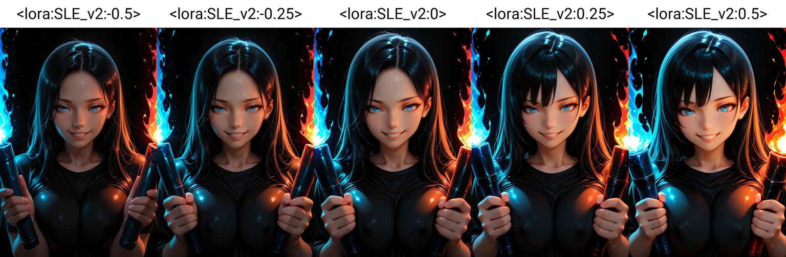 Smooth_Quality, symmetrical pose, symmetry, symmetrical lighting, 1girl, black hair, blue eyes, long hair, black shirt, close-up, upper body, torch, holding torch, (dual wielding), (blue torch light), (red torch light), breasts squeezed together, grin, simple background, (black background), dark theme, black theme, <lora:Smooth_Booster:0.5>βββ <lora:SLE_v2:-0.5>