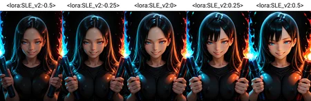 Smooth_Quality, symmetrical pose, symmetry, symmetrical lighting, 1girl, black hair, blue eyes, long hair, black shirt, close-up, upper body, torch, holding torch, (dual wielding), (blue torch light), (red torch light), breasts squeezed together, grin, simple background, (black background), dark theme, black theme, <lora:Smooth_Booster:0.5>βββ <lora:SLE_v2:-0.5>