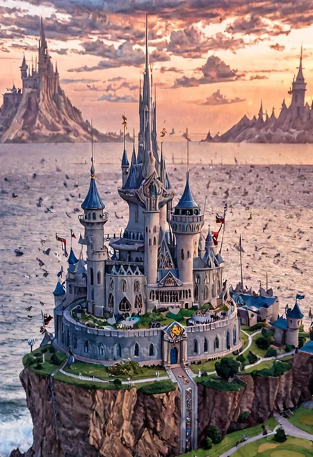 castle, matchcraft floating island, towers, sky, sea, fly, cloud