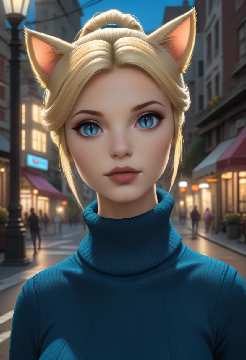 1 woman, uncensored, masterpiece, hyper detailed, best quality, dramatic lighting, crisp image, clear image, ultra-high details, ultra realistic, high detail, detailed face, photography, cinematic, cinematic lighting:2, blue sweater, outdoor, in the city, nighttime, busy streets, streetlights, crowded streets, steam from manhole, stores, <lora:Lievre_Snow:.8>, blonde hair, pony tail, blue eyes, cat ears, cat tail, slit pupil,