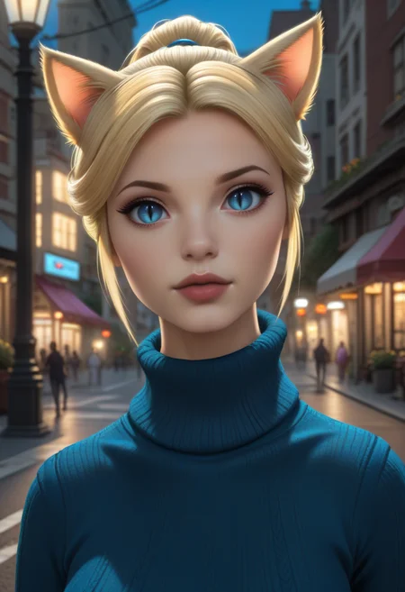 1 woman, uncensored, masterpiece, hyper detailed, best quality, dramatic lighting, crisp image, clear image, ultra-high details, ultra realistic, high detail, detailed face, photography, cinematic, cinematic lighting:2, blue sweater, outdoor, in the city, nighttime, busy streets, streetlights, crowded streets, steam from manhole, stores, <lora:Lievre_Snow:.8>, blonde hair, pony tail, blue eyes, cat ears, cat tail, slit pupil,