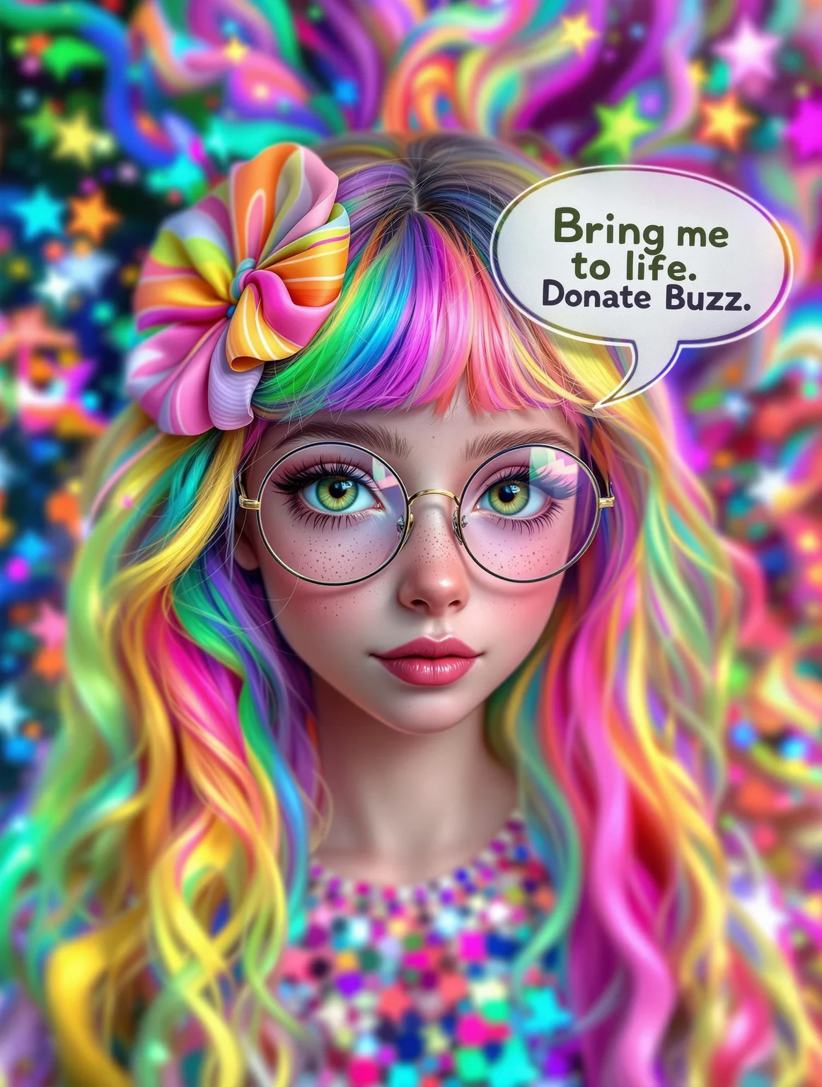 Etheric repeating holofractal image of a Magical girl with rainbow colored hair, candy hairclip, round glasses, green eyes, freckles, petite1.5, with large speech bubble saying "Bring me to life. Donate Buzz."