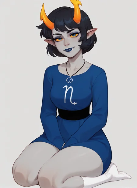 ,score_9, score_8_up, score_7_up, masterpiece, , line art, portrait, anime,, detailed, <lora:Expressive_H:0.45> Expressiveh, <lora:Aranea_serket-000015:0.7> , 1girl, black hair, short hair, yellow sclera, gray skin, pointy ears, horns, aranea serket, blue dress, collarbone, long sleeves, white kneehigh socks , fangs, makeup, necklace, blue eyes, thick thighs, skindentation, on knees, curvy , looking at viewer, close-up, blue nail polish, ,gray background,