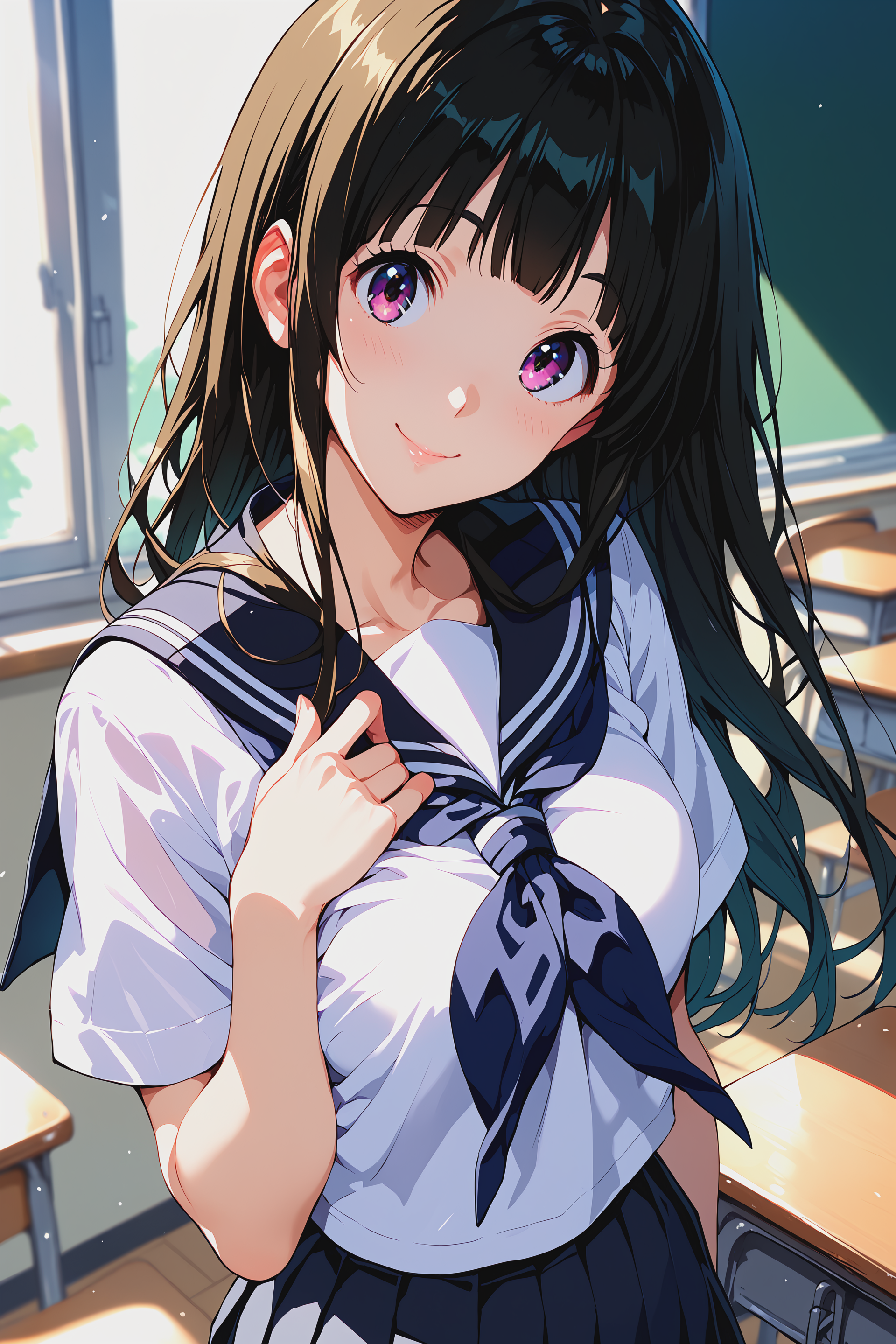 score_9, score_8_up,  score_7_up, score_6_up, score_ANIME, BREAK,
ceiiai chitanda eru, from above, head tilt, 
1girl, solo, black hair, smile,  closed mouth, blunt bangs, close up, 
school uniform, serafuku, kamiyama high school uniform (hyouka), sailor collar, black sailor collar, shirt, white shirt, skirt, black skirt, pleated skirt, dark blue neckerchief, short sleeves, white sleeves,
upper body, hand on own chest, 
classroom,
<lora:eru01-e10:1>