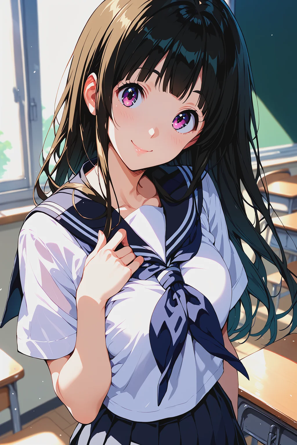 score_9, score_8_up, score_7_up, score_6_up, score_ANIME, BREAK,
ceiiai chitanda eru, from above, head tilt,
1girl, solo, black hair, smile, closed mouth, blunt bangs, close up,
school uniform, serafuku, kamiyama high school uniform (hyouka), sailor collar, black sailor collar, shirt, white shirt, skirt, black skirt, pleated skirt, dark blue neckerchief, short sleeves, white sleeves,
upper body, hand on own chest,
classroom,
<lora:eru01-e10:1>