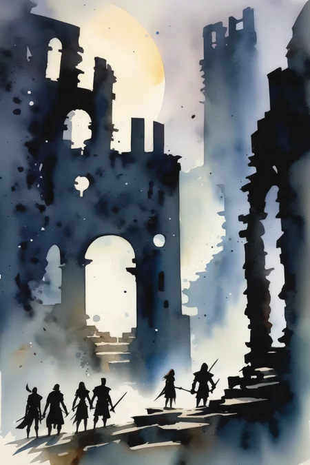 <lora:Thomas Schaller Style:1>Thomas Schaller Style - In the style of a Mike Mignola watercolor painting, a group of adventurers in silhouette in the foreground, facing a maze of ruins stretching out below them into the background. Moonlight shines on the mysterious ruins. Dungeons and Dragons. Fantasy ruins.