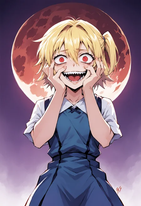 score_9, score_7_up, source_anime, uncensored, zPDXLxxx, <lora:intricate_details:1> intricate_details_xl, gradient background, red moon, slimy backlighting, cowboy shot, <lora:Sadamoto Yoshiyuki_XL_PONY:1>
1girl, solo, li, blonde hair, one side up, hair between eyes, comb over, very short hair, crazy eyes, @ @, blind eyes, looking at viewer, tangzhuang
<lora:Yandere_Expression_v1.0:0.5> Yandere trance, hands on own face, hands on own cheeks, naughty face, fingernails