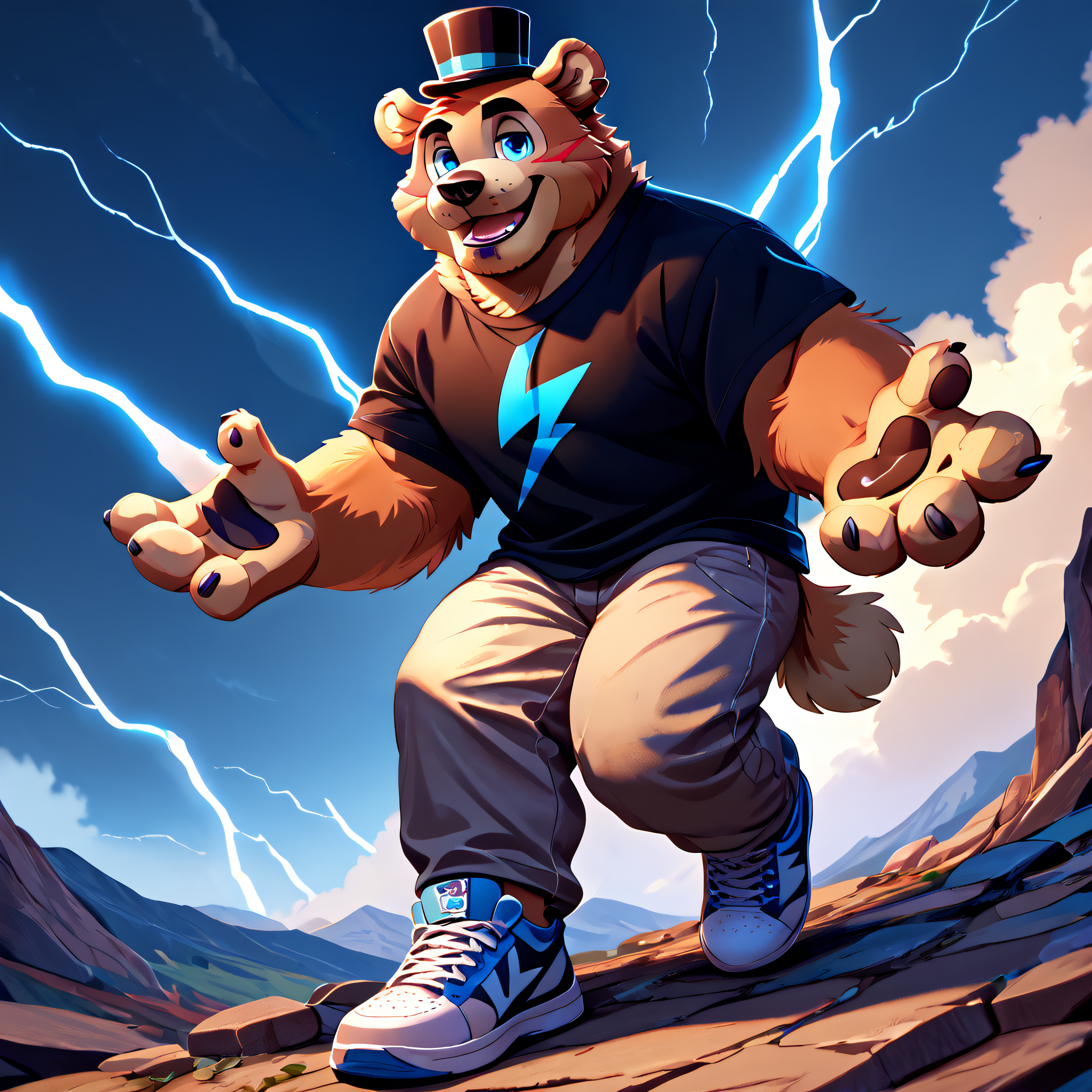 <lora:bigfreddy_ponyxl-10v1_1:1> score_9, score_8_up, score_7_up, BREAK, indoor, solo,  (source_furry),  (bigfreddy),  cute face, bear ears, mini top hat, blue eyes,  perfect hands, (big eyes, big eye sockets), detailed hat, male focus, detailed face, (detailed face), detailed ears, detailed hands , ((black shirt, blue lightning bolt on a shirt, detailed shirtt)), detailed clothing, detailed body, perfect body  (detailed body, perfect body), detailed hair, detailed background,  looking at viewer, zPDXL2, no humans, dynamic pose, adult male, ((adult male)), (visible short bear tail), uploaded on e621, (uploaded on e621), male focus, full body, ((fluffy bear brown fur)), handsome face, (wearing pants), detailed clothing,  ((wears sneakers)), (detailed sneakers),  handfixer
<lora:Pony_DetailV2_0:1> <lora:add-detail-xl:1.2> <lora:Expressive_H-000001:0.25> <lora:ZoroJ:0.3> <lora:HandFixer_pdxl_Incrs_v1:0.5>