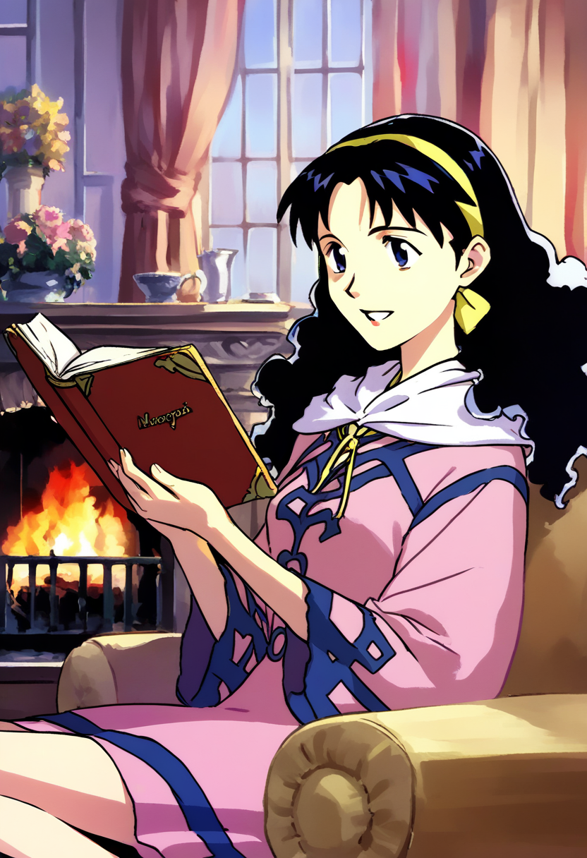 score_9, score_8_up, score_7_up, source_anime, 
mia_ausa, dress, hairband, standing, smile, parted lips, sitting, fireplace background, reading book,  <lora:mia_ausa:1>