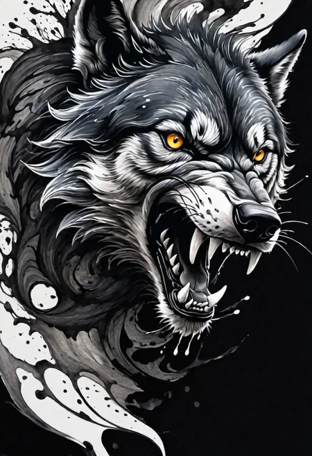 (masterpiece),
one angry wolf head,
swirling ink,
black background,