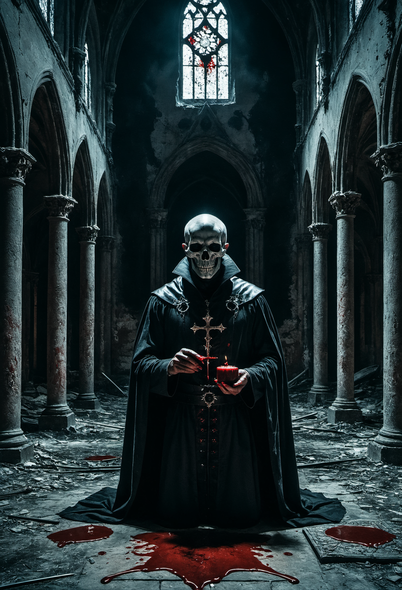 Horror-themed create for me a vision of an evil magician practicing blood magic and necromancy in an ancient abandoned cathedral, Hyperrealistic art cinematic film still photography in the style of detailed hyperrealism photoshoot,RAW,color graded portra 400 film,remarkable color,realistic dull skin noise,Thorough,analog style,highest quality,skin pores,sharp focus,dappled lighting,film grain,photographed on a Sony A7R IV,18mm F/1.7 cine lens,(highly detailed, intricately detailed),8k,HDR, . Eerie, unsettling, dark, spooky, suspenseful, grim, highly detailed
