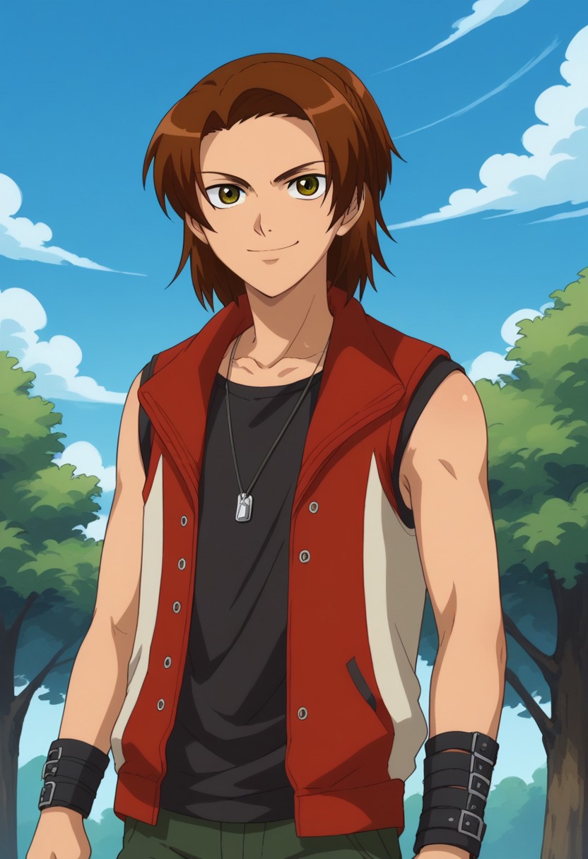 score_9, score_8_up, score_7_up, source_anime, highly detailed, 
masaru, 1boy, male focus, solo, brown hair, green eyes, shirt, black shirt, jacket, open jacket, open clothes, vest, pants, green pants, jewelry, dog tags, wristband, upper body, smile
outdoot, sky, cloud, tree