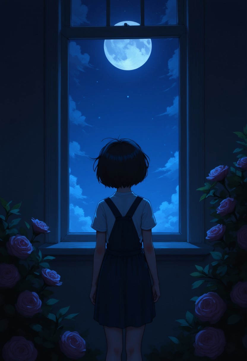 This is a digital illustration in a fantasy art style, featuring a girl with short black hair stands by a window at night, looking upward. The dark, blue-toned theme emphasizes the indoor, nighttime ambiance.