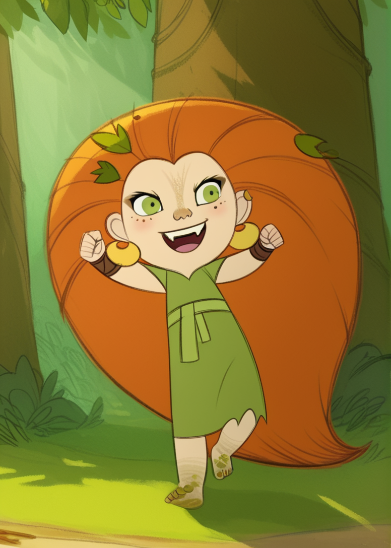 (zPDXL3), full body, solo, 1girl, best quality, 1girl, solo, mebh_human, green eyes, long hair, orange hair, earrings, barefoot,  earrings, jewelry, leaf, green dress, dirty feet, freckles, smile, open mouth, fangs, dynamic pose, outdoors, forest , dynamic angle 
<lora:Mebh_Óg_MacTíre_-_WolfWalkers:1> <lora:hand 5.5:0.8>