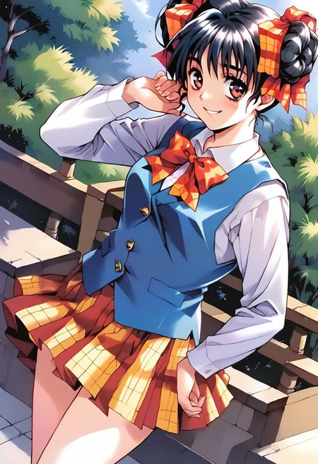 ASCII <lora:pony_xl_narusawa:0.8>,narusawa,score_9,score_8_up,score_7_up,source_anime,1girl, black hair,looking at viewer,school uniform,long sleeves, white sleeves, vest, blue vest, pleated skirt,plaid skirt,socks,loafers,cowboy_shot,smile, school,
masterpiece, best quality,