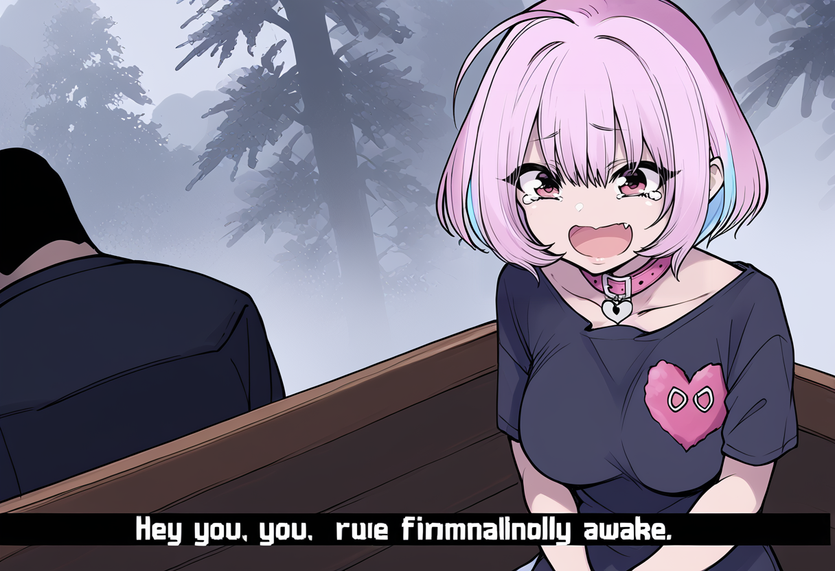 (score_9:0.9),score_8_up,score_7_up,anime style,rating_safe,(zPDXL),<lora:hey you, you're finally awake ponyXL v3.5:0.8>,hey you - you're finally awake,yumemi riamu, 1girl, pink hair, fang, heart collar, 1boy, multicolored hair, collar, shirt, tearing up, pink eyes, breasts, blue hair, short hair, two-tone hair, short sleeves, tears, skeleton print, large breasts, heart-shaped lock, t-shirt, mask, heart on chest, parody, bangs, skin fang, crossover, black hair