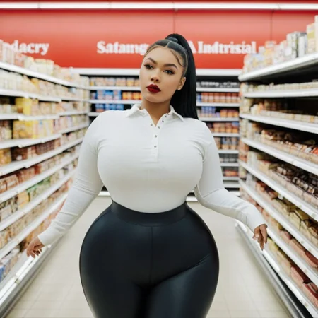 dummy thicc woman standing in a grocery store, black tights, white shirt, detailed face, red lipstick, from the front, industrial lighting