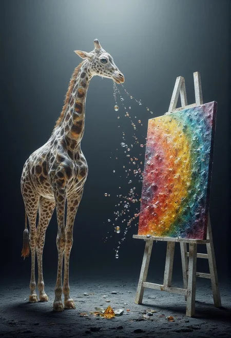 <lora:ck-waterworld.safetensors:1> ck-wtr, transparent, made out of ck-wtr
In a realm where the mundane merges seamlessly with the mystical, a tall, elegant giraffe stands in the foreground, its long neck bent gently as it holds an artistic brush in its delicate mouth. The giraffe's hide is a tapestry of bright, multicolored paint splatters, each hue shimmering with a subtle, ethereal glow. The air around it is thick with the scent of mystical herbs and the faint hum of ancient spells.
Next to the giraffe, a vibrant, rainbow-shaped canvas is propped up against a white wooden easel. The canvas seems to pulse with life, the colors swirling and shifting as if painted by the very hands of the celestial beings that preside over this enchanted place. The dark gray background, once a stark contrast, now fades to a deep, starlit void, enhancing the otherworldly atmosphere.
Around the giraffe, the ground is dotted with objects that would be familiar in any artist's studio, but here they are transformed by magic. Paint brushes and jars float gently in the air, their bristles and handles glowing with a soft, iridescent light. Crystals of various colors and sizes are scattered on the ground, their surfaces etched with ancient runes that shimmer and pulse with energy. Each crystal seems to hold the story of a different world, a different time.
In the distance, the whispers of wise, ageless beings can be heard, their voices a soothing melody that guides the creative process. The air is filled with a sense of awe and wonder, as if the very act of painting is a form of divine invocation, each stroke of the brush bringing forth a new story, a new world, a new piece of the infinite tapestry of existence.