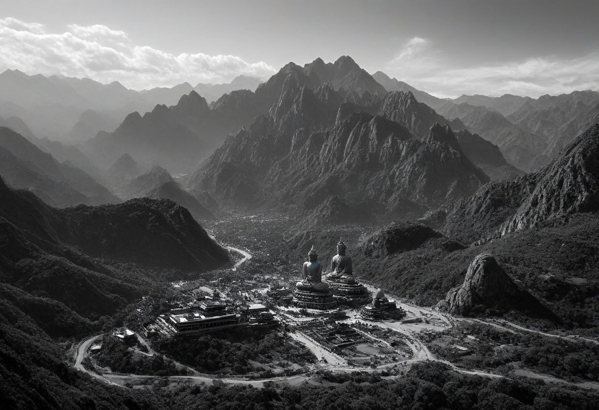 landscape, (black and white, b&w, chrome, monochrome, greyscale, grain), science fiction, breathtaking (otherworldly),highly insanely detailed,masterpiece,top quality,best quality,highres,4k,8k,RAW photo,(beautiful and aesthetic),Fantasy style,oriental scenery,wonderland,vista,clouds,mountains,Buddha light,giant Buddha,Silhouettes of people,dazzling,rich colors,<lora:add_detail:0.7>,(mewkledreamy:1.1), . award-winning, professional, highly detailed