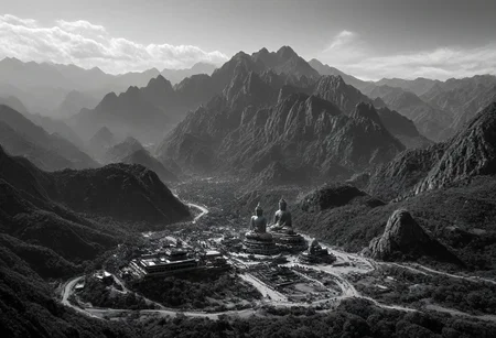 landscape, (black and white, b&w, chrome, monochrome, greyscale, grain), science fiction, breathtaking (otherworldly),highly insanely detailed,masterpiece,top quality,best quality,highres,4k,8k,RAW photo,(beautiful and aesthetic),Fantasy style,oriental scenery,wonderland,vista,clouds,mountains,Buddha light,giant Buddha,Silhouettes of people,dazzling,rich colors,<lora:add_detail:0.7>,(mewkledreamy:1.1), . award-winning, professional, highly detailed