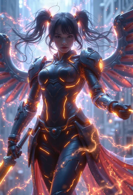 <beautiful anime character, intricate character design>, (1girl:1.2), solo, <in a dynamic pose>, wearing a stylish futuristic outfit, highly detailed armor, (mecha elements:1.1), neon accents, wielding a large sword, [expression: fierce and determined], intricate accessories, intricate hair details, cyberpunk aesthetic, soft and smooth shading, in a <vibrant cityscape background>, low-angle shot, highly detailed, sharp lines, clear anime art style, (highly detailed background:1.2), soft rim lighting, depth of field, professional artwork, key visual design, dynamic lighting and shading.