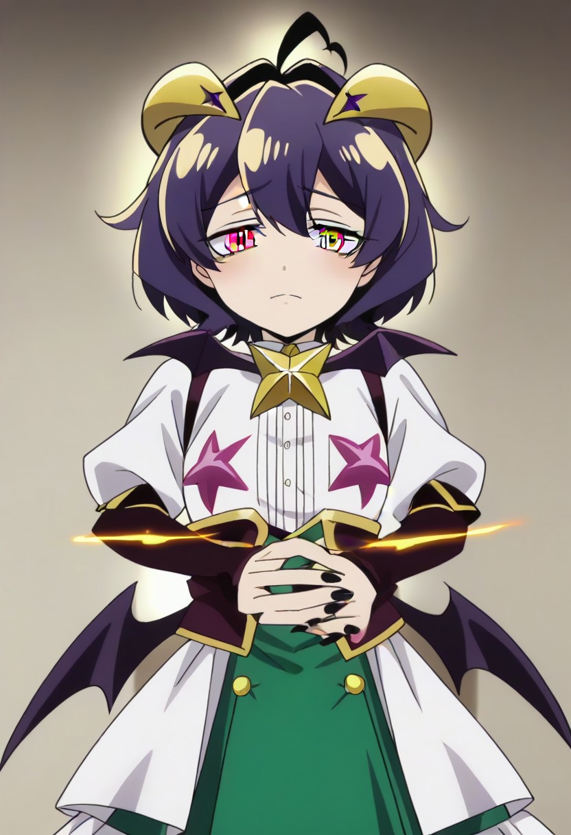 source_anime <lora:GushingoverMagicalGirlsSet1:0.8>, MagiaBaiser, short hair, yellow eyes, ahoge, purple hair, magical girl, showgirl skirt, black nails, low wings, cross-shaped pupils, yellow horns, star pasties,,, ,,, , , ,,,, ,,, , ,,,,,,,, anime coloring,anime screencap, 1girl,Solo ,, anime,official art,,Uncensored ,Unedited ,,,,,,,,